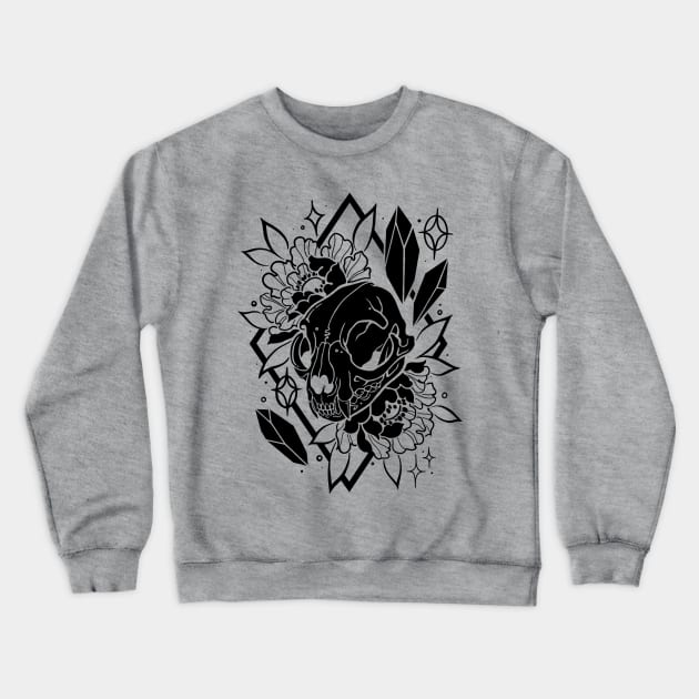 Cat skull, crystals, and peonies in black Crewneck Sweatshirt by theartofamberramirez